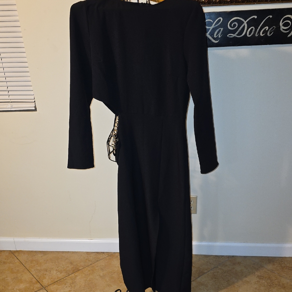 MNG Classic Side Cut Out Black Long Sleeve Dress W/ Chain On Hip Womens Size 8